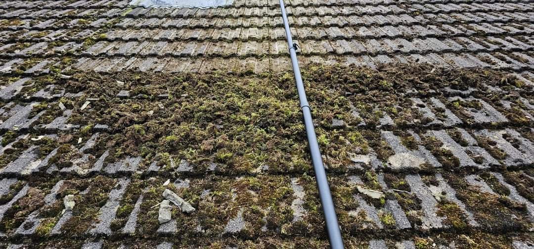 Render & Brick Cleaning (Soft Wash) in Eaglescliffe — the elevation part-way through treatment, in the Stockton-on-Tees Borough Council area