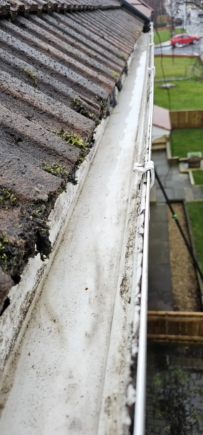 White gutter channel cleared of vegetation beside roof tiles