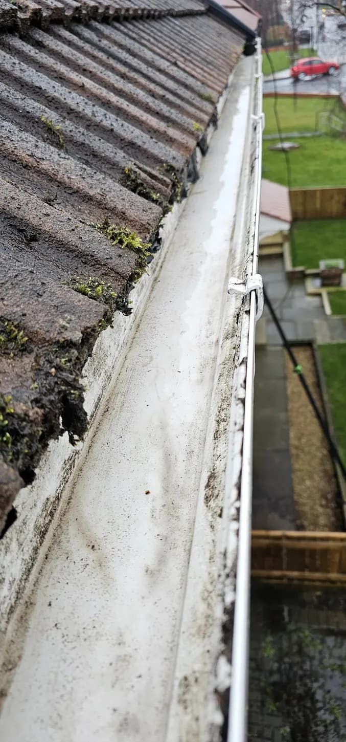 White gutter channel cleared of vegetation beside roof tiles