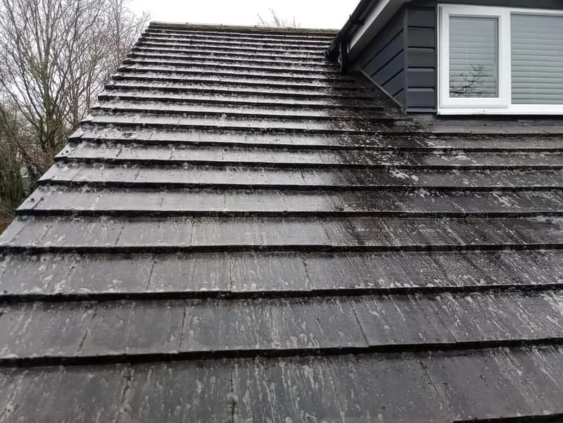 Dark roof tiles with a cleared section beside a dormer window